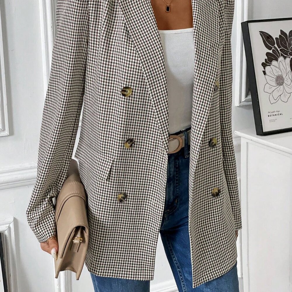 Coffee Brown Casual Women's Turndown Collar Long Sleeve & Versatile Plaid Blazer - Picture 4 of 6